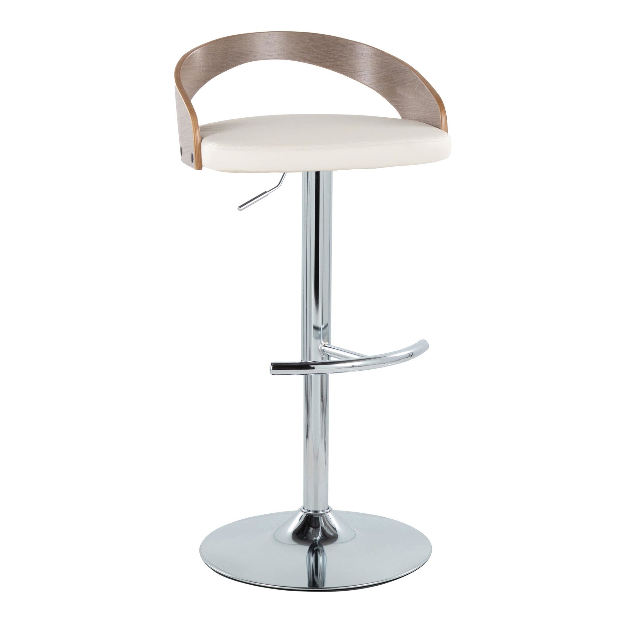 Grotto Adjustable Barstool - Chrome Metal, Light Grey Wood, White PU