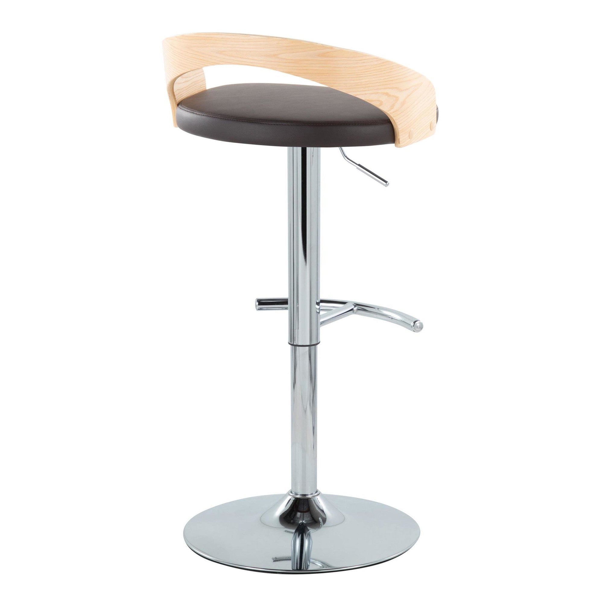 Grotto Adjustable Barstool - Chrome Metal, Natural Wood, Brown PU