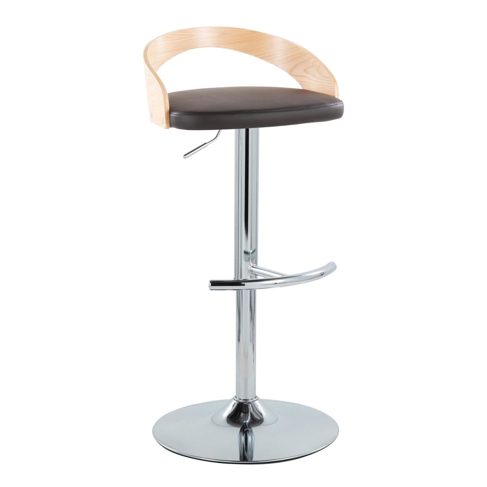 Grotto Adjustable Barstool - Chrome Metal, Natural Wood, Brown PU