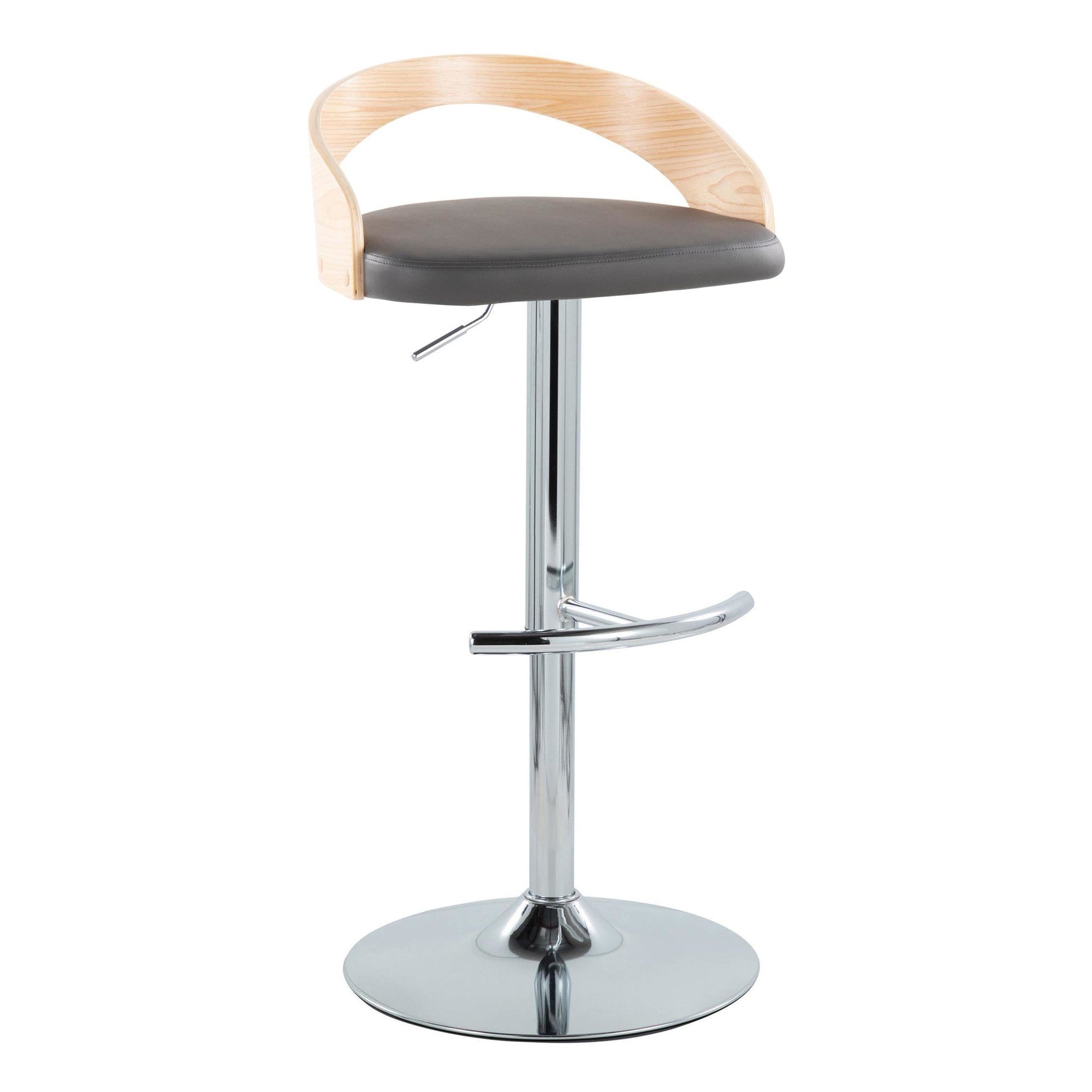 Grotto Adjustable Barstool - Chrome Metal, Natural Wood, Grey PU
