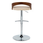 Grotto Adjustable Barstool - Chrome Metal, Walnut Wood, Cream PU