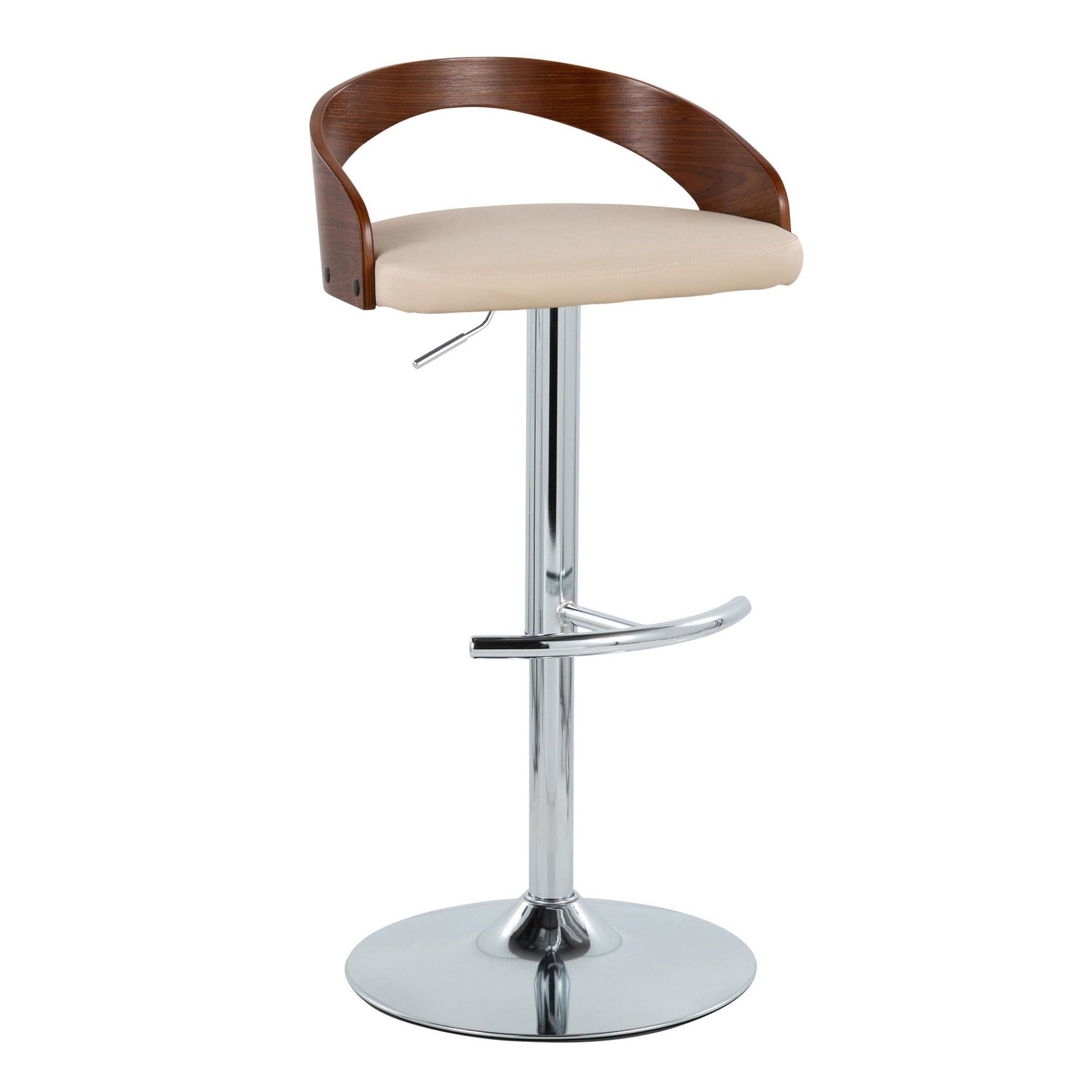 Grotto Adjustable Barstool - Chrome Metal, Walnut Wood, Cream PU