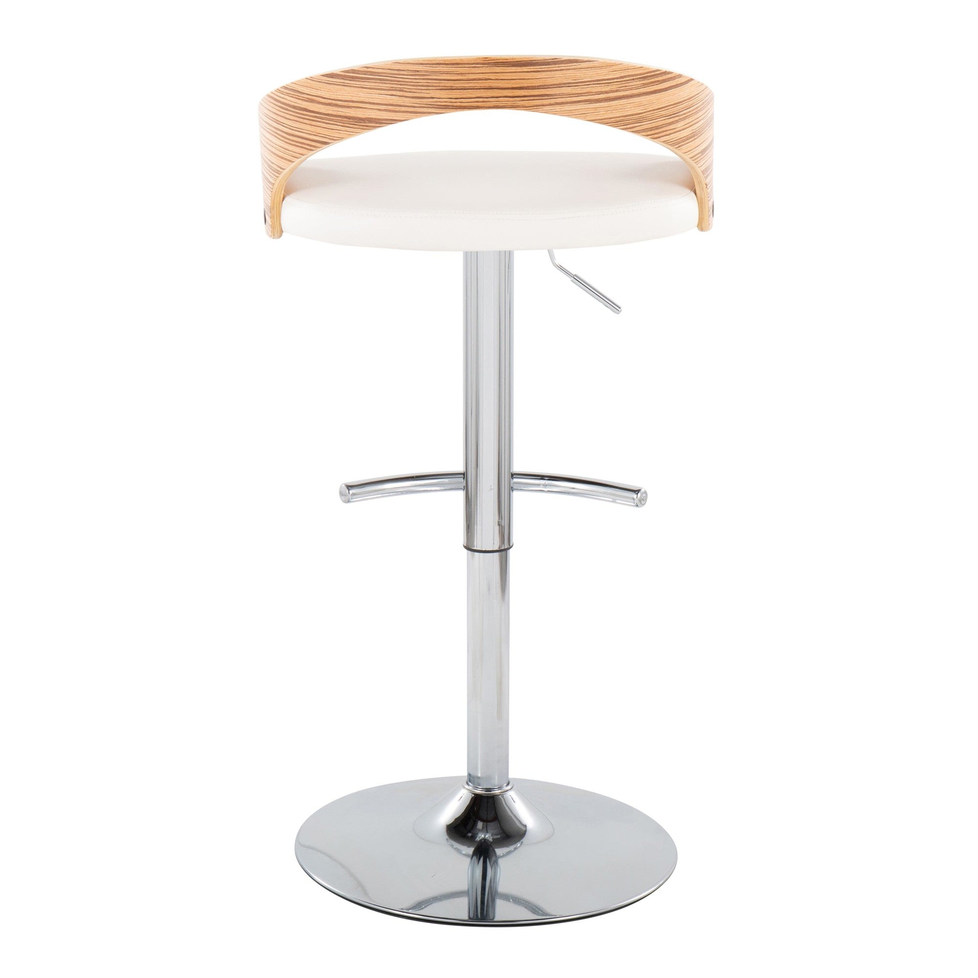 Grotto Adjustable Barstool - Chrome Metal, Zebra Wood, White PU