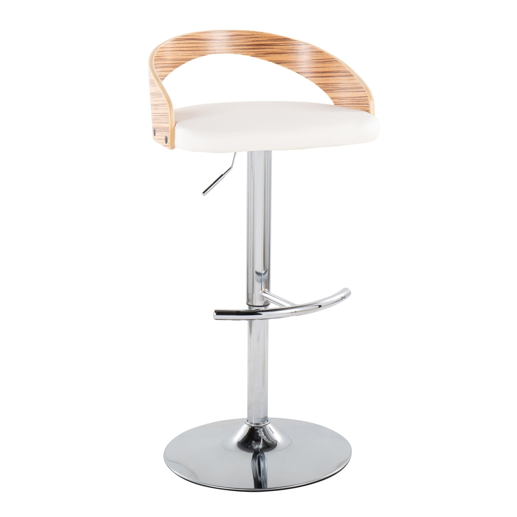 Grotto Adjustable Barstool - Chrome Metal, Zebra Wood, White PU