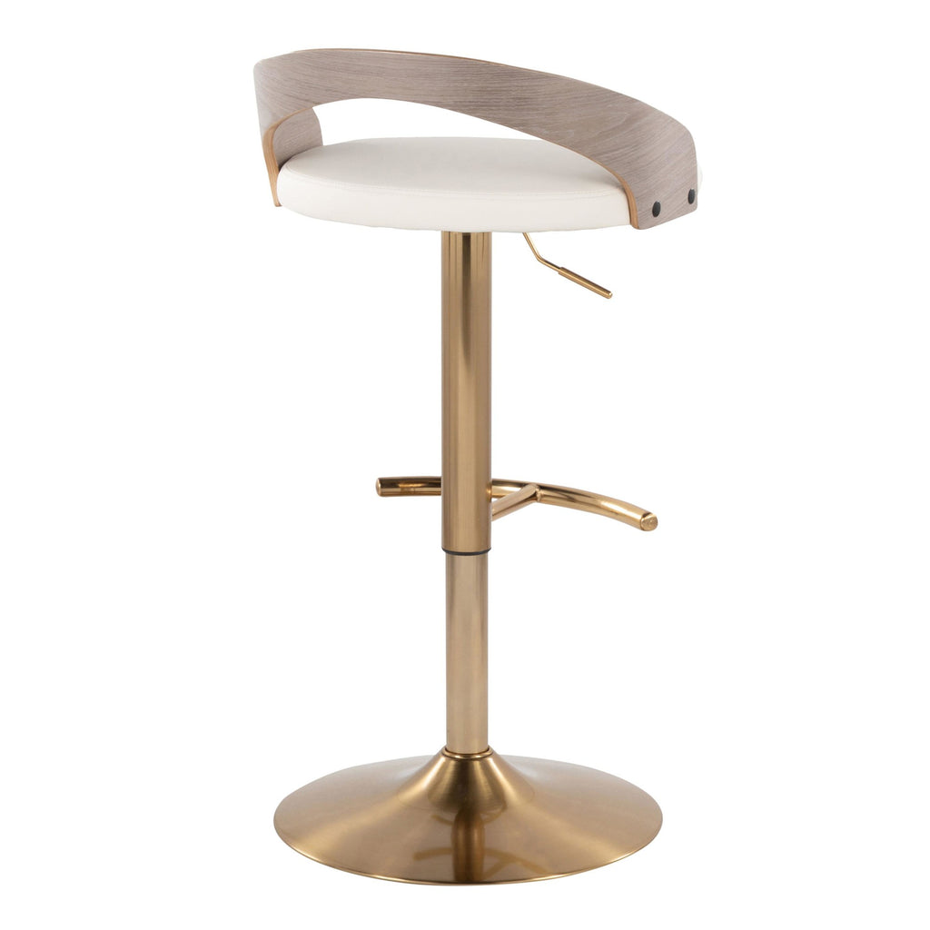 Grotto Adjustable Barstool - Set of 3 - Gold Metal, Light Grey Wood, White PU