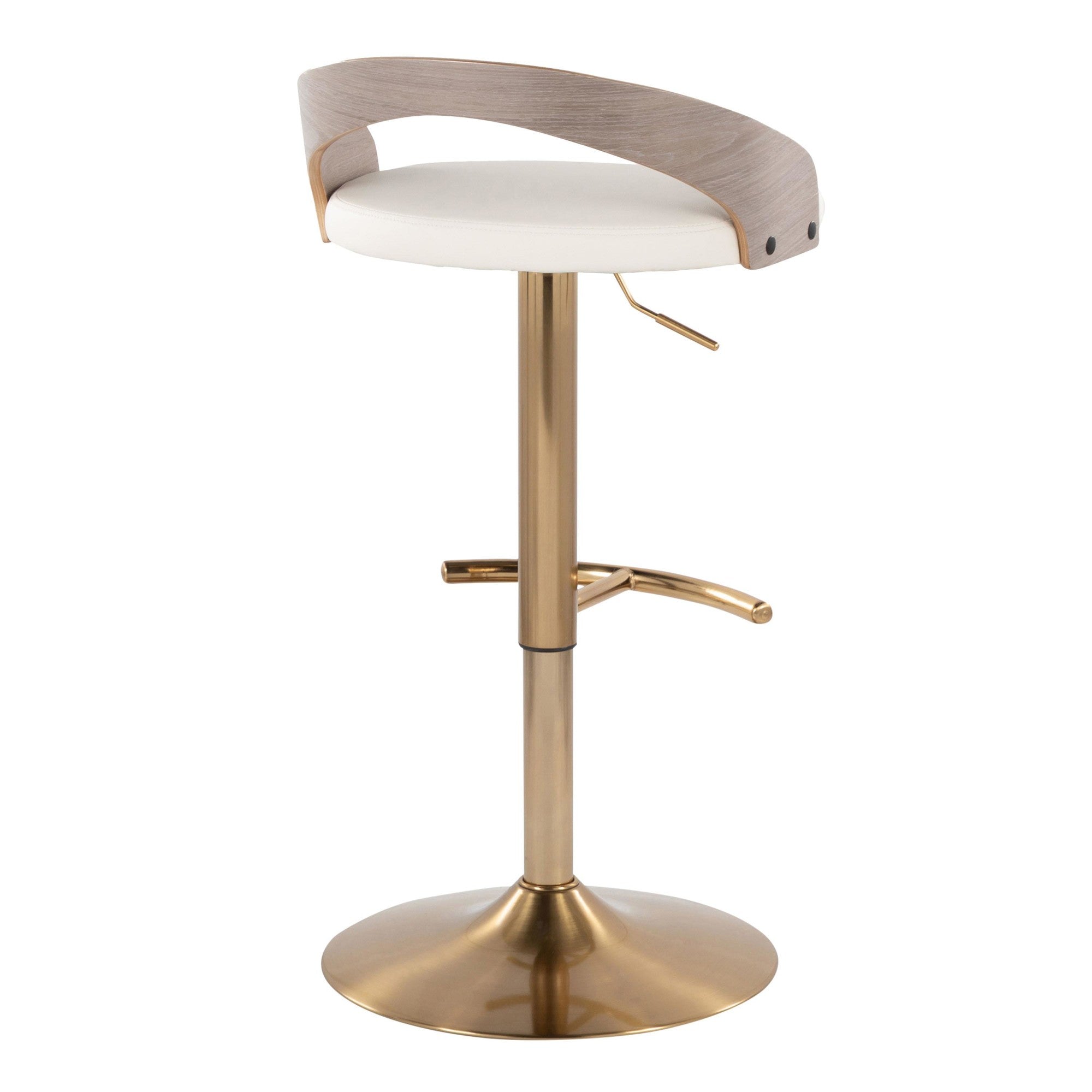 Grotto Adjustable Barstool - Set of 3 - Gold Metal, Light Grey Wood, White PU
