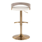 Grotto Adjustable Barstool - Set of 3 - Gold Metal, Light Grey Wood, White PU