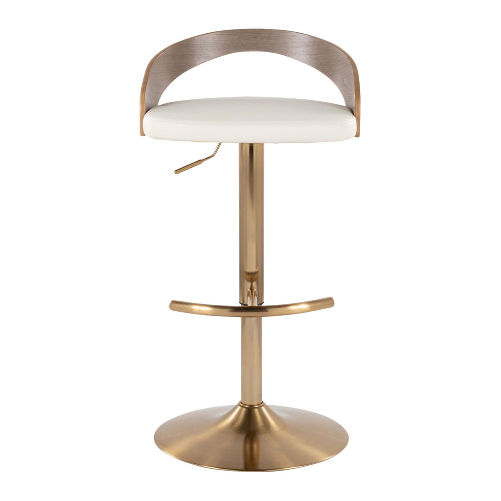 Grotto Adjustable Barstool - Set of 3 - Gold Metal, Light Grey Wood, White PU