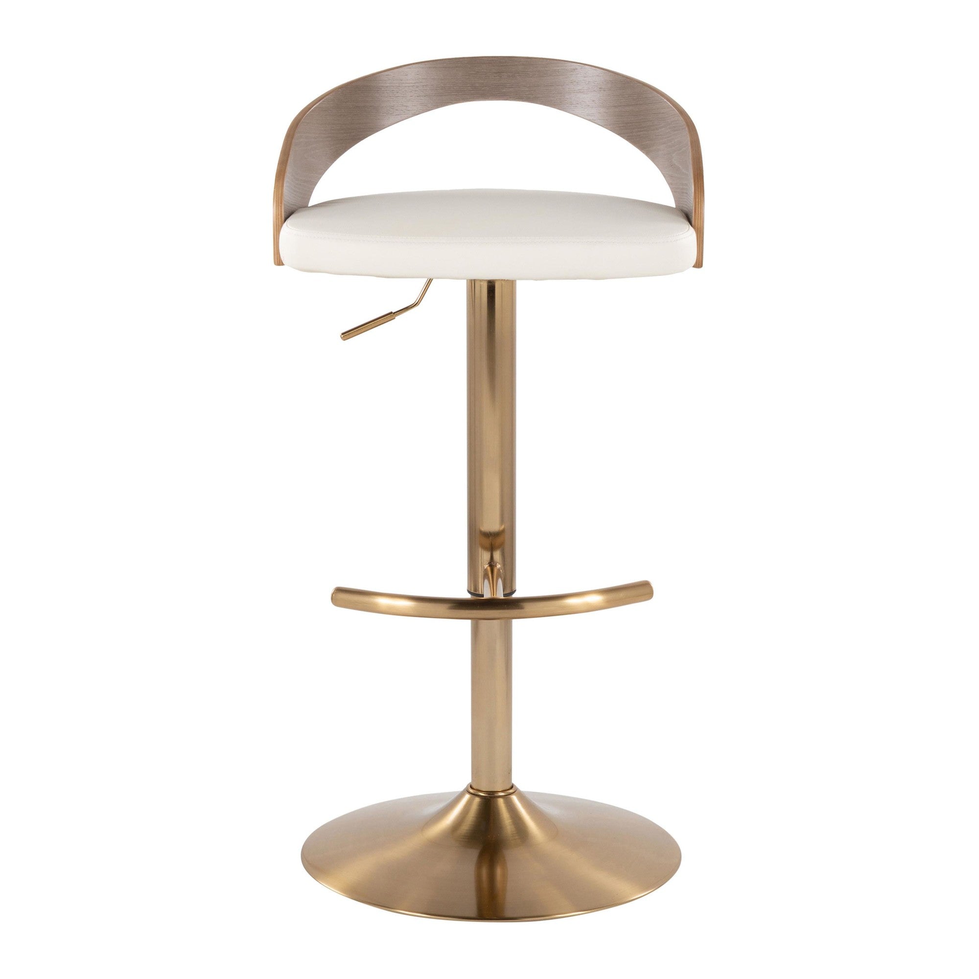 Grotto Adjustable Barstool - Set of 3 - Gold Metal, Light Grey Wood, White PU