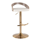 Grotto Adjustable Barstool - Set of 3 - Gold Metal, Light Grey Wood, White PU