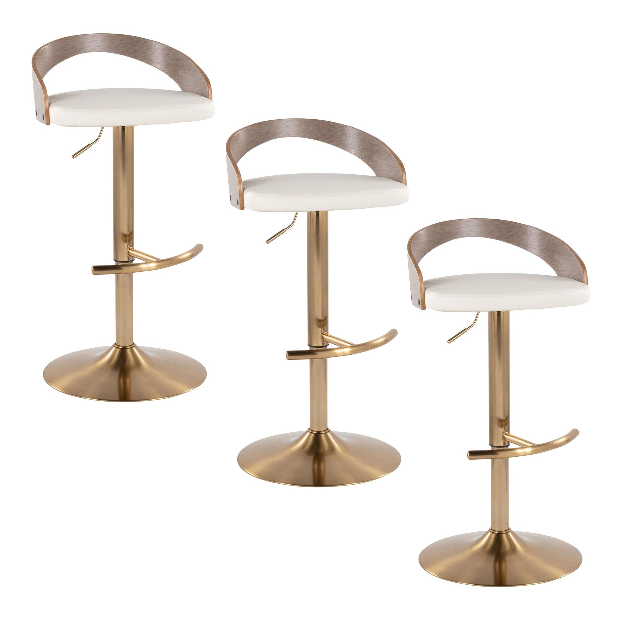 Grotto Adjustable Barstool - Set of 3 - Gold Metal, Light Grey Wood, White PU