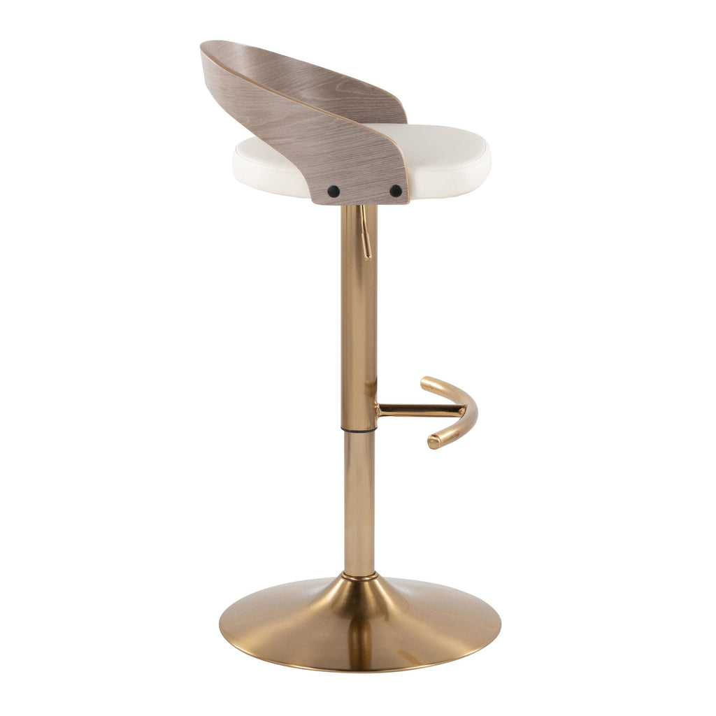 Grotto Adjustable Barstool - Set of 3 - Gold Metal, Light Grey Wood, White PU