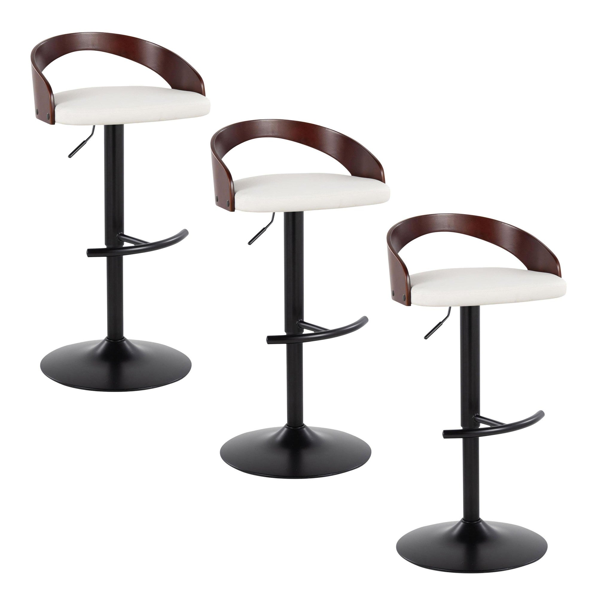 Grotto Adjustable Barstool - Set of 3 - Black Metal, Mahogany Wood, White PU