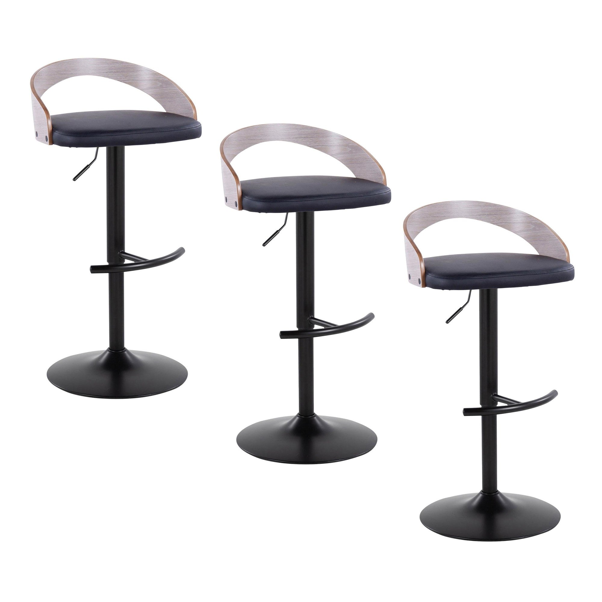 Grotto Adjustable Barstool - Set of 3 - Black Metal, Light Grey Wood, Black PU