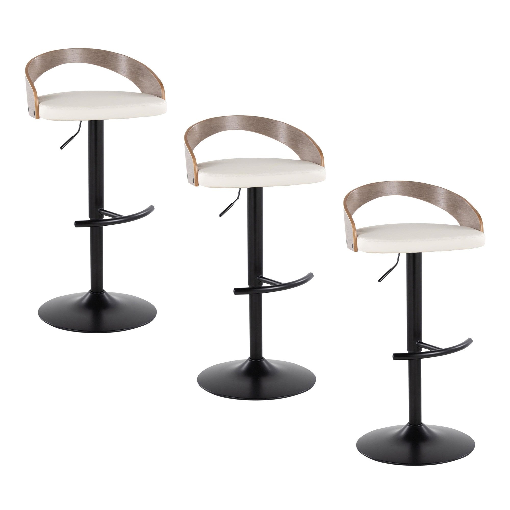 Grotto Adjustable Barstool - Set of 3 - Black Metal, Light Grey Wood, White PU