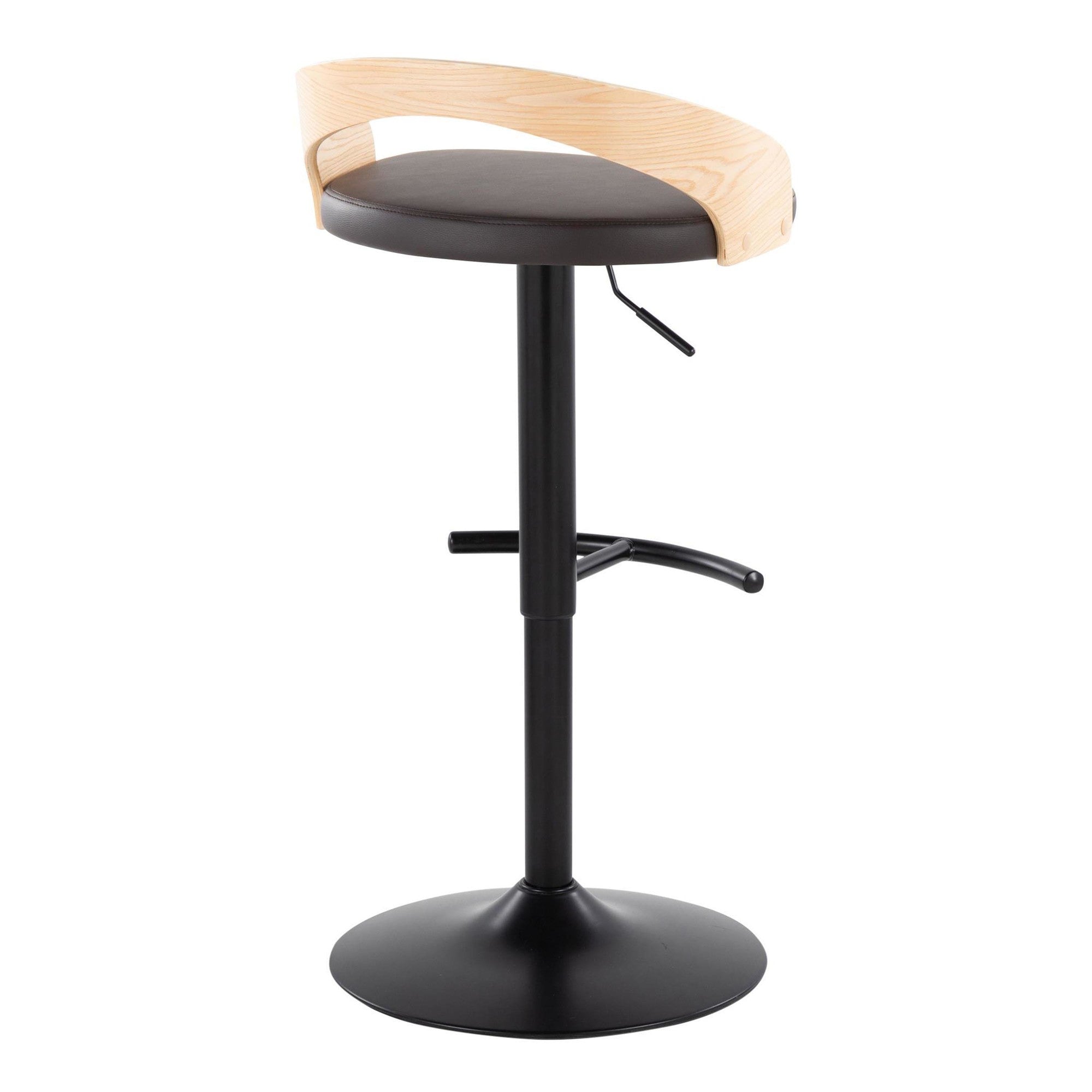 Grotto Adjustable Barstool - Set of 3 - Black Metal, Natural Wood, Brown PU