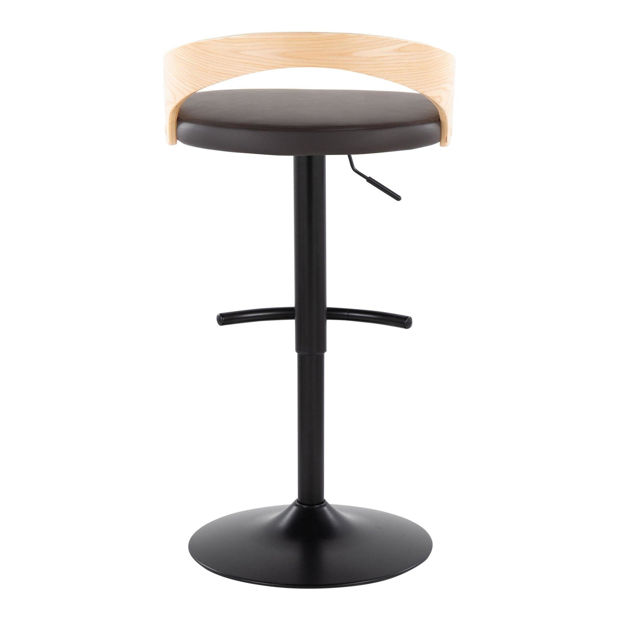 Grotto Adjustable Barstool - Set of 3 - Black Metal, Natural Wood, Brown PU