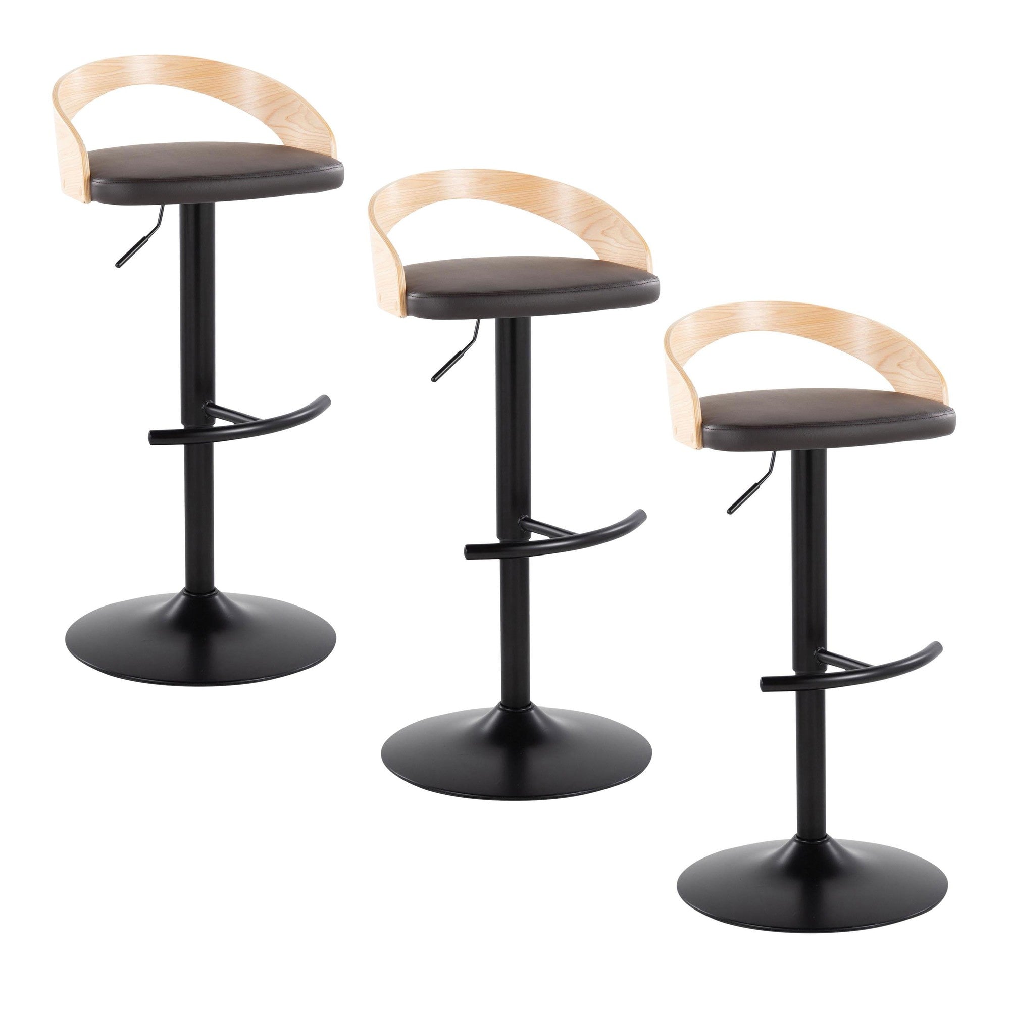 Grotto Adjustable Barstool - Set of 3 - Black Metal, Natural Wood, Brown PU