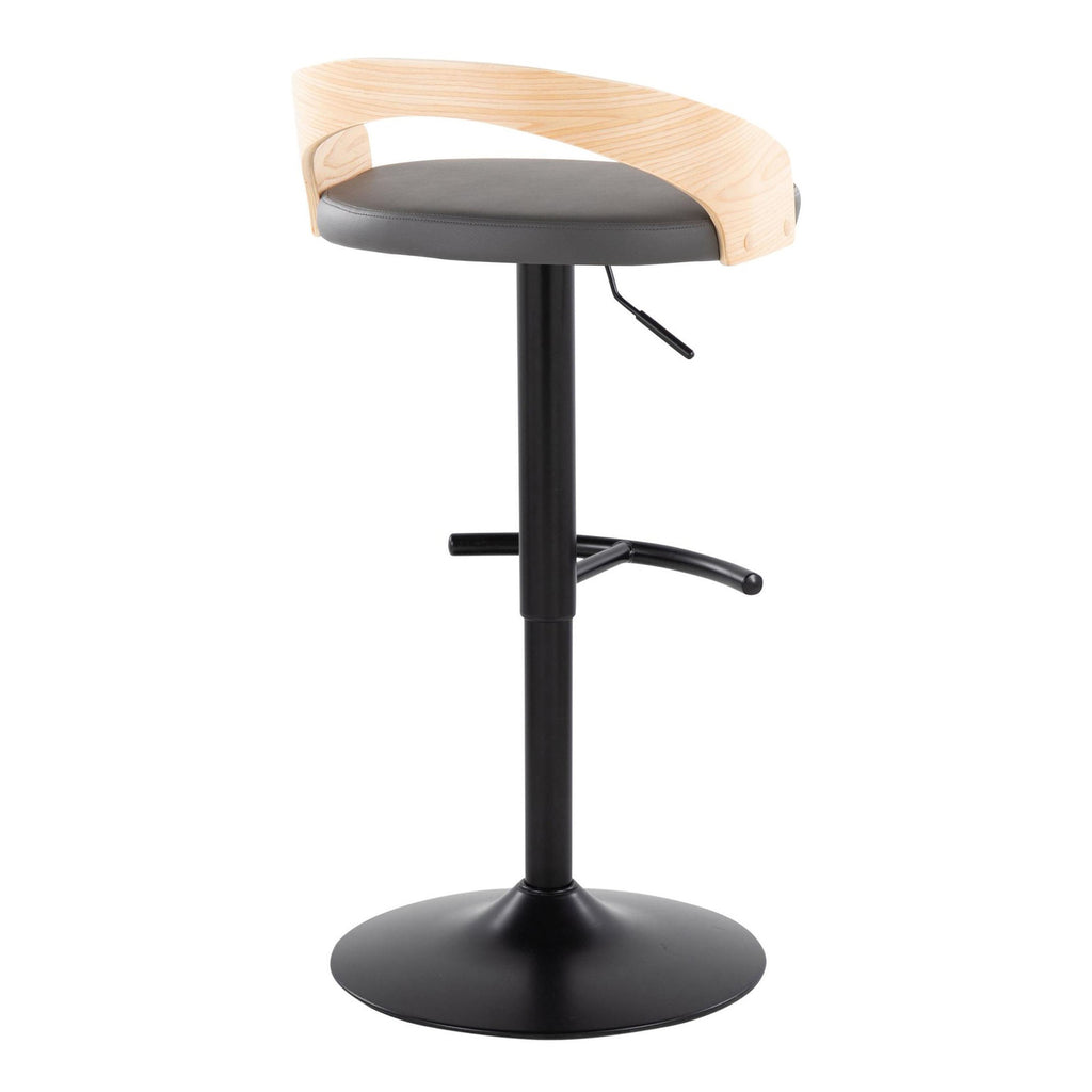 Grotto Adjustable Barstool - Set of 3 - Black Metal, Natural Wood, Grey PU