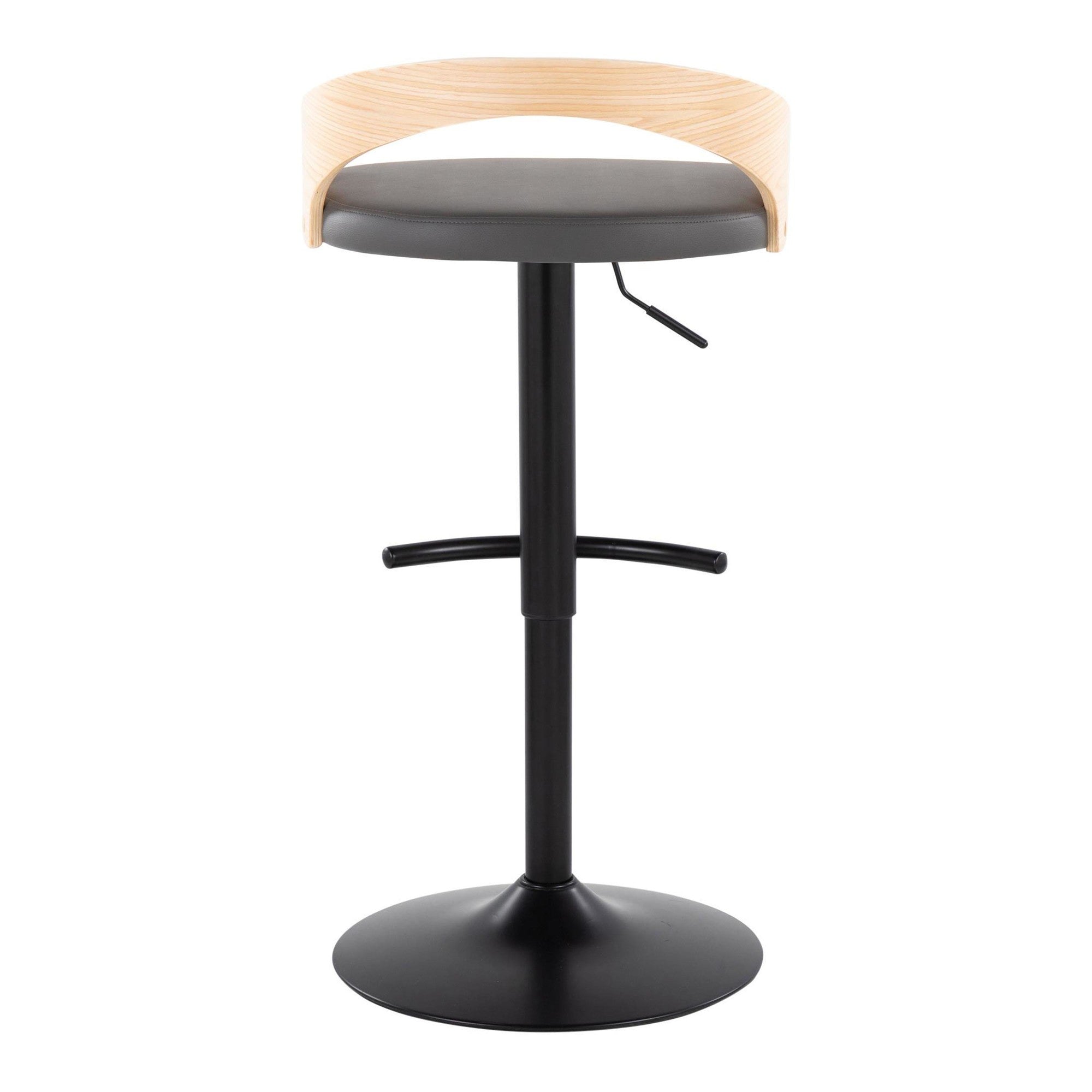 Grotto Adjustable Barstool - Set of 3 - Black Metal, Natural Wood, Grey PU