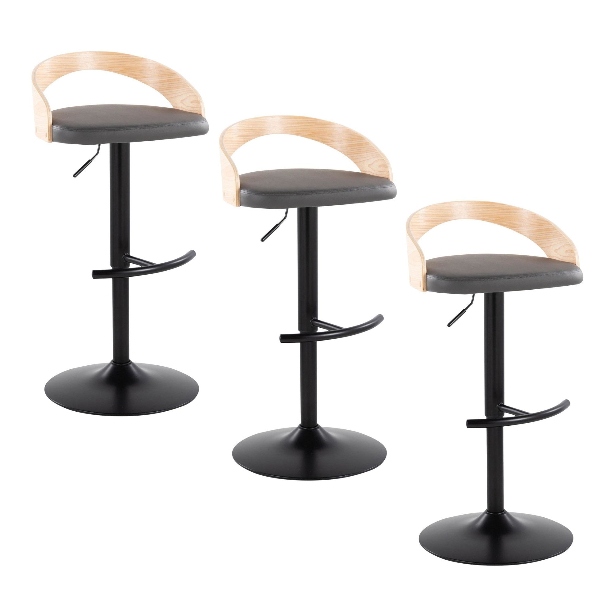 Grotto Adjustable Barstool - Set of 3 - Black Metal, Natural Wood, Grey PU