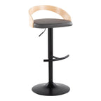 Grotto Adjustable Barstool - Set of 3 - Black Metal, Natural Wood, Grey PU