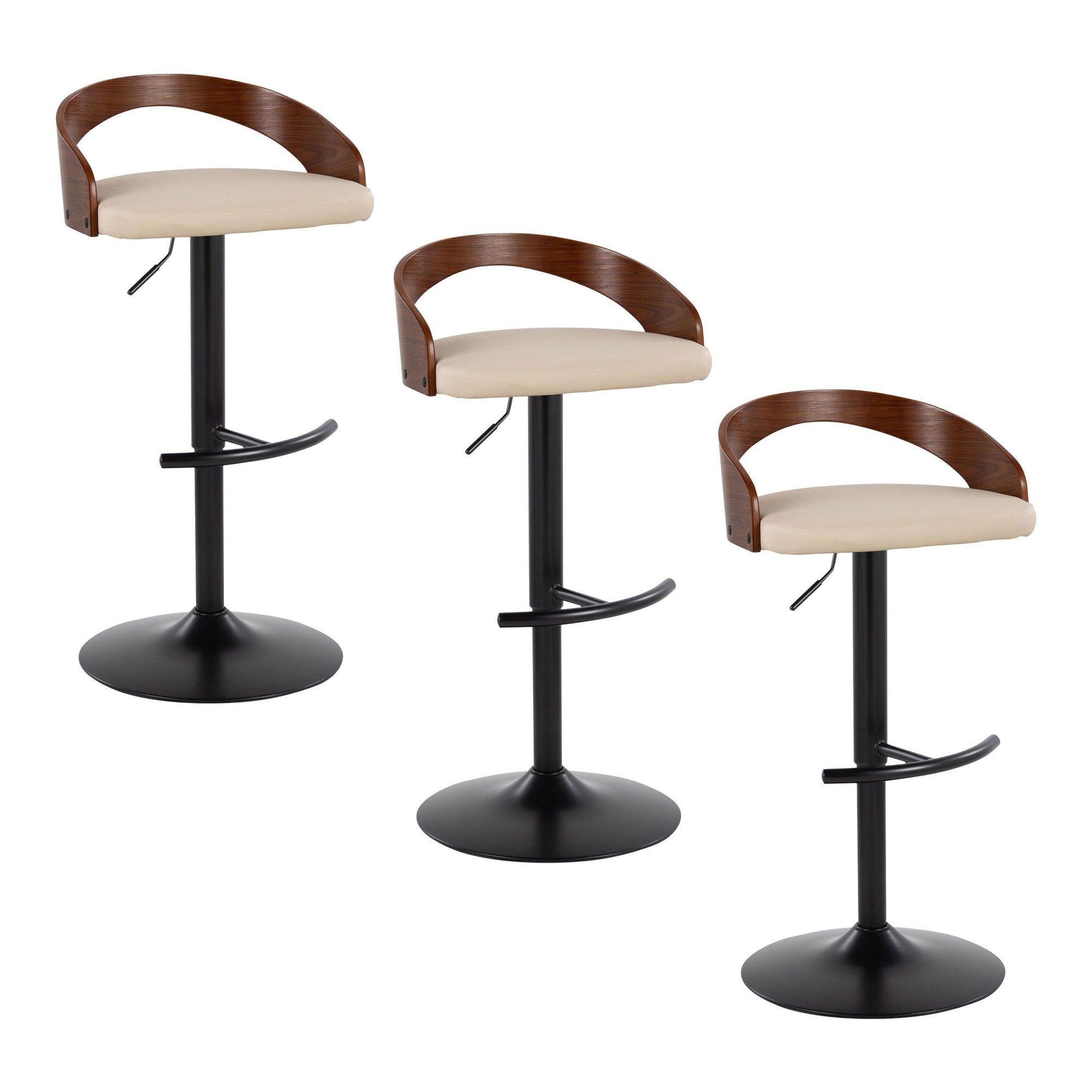 Grotto Adjustable Barstool - Set of 3 - Black Metal, Walnut Wood, Cream PU
