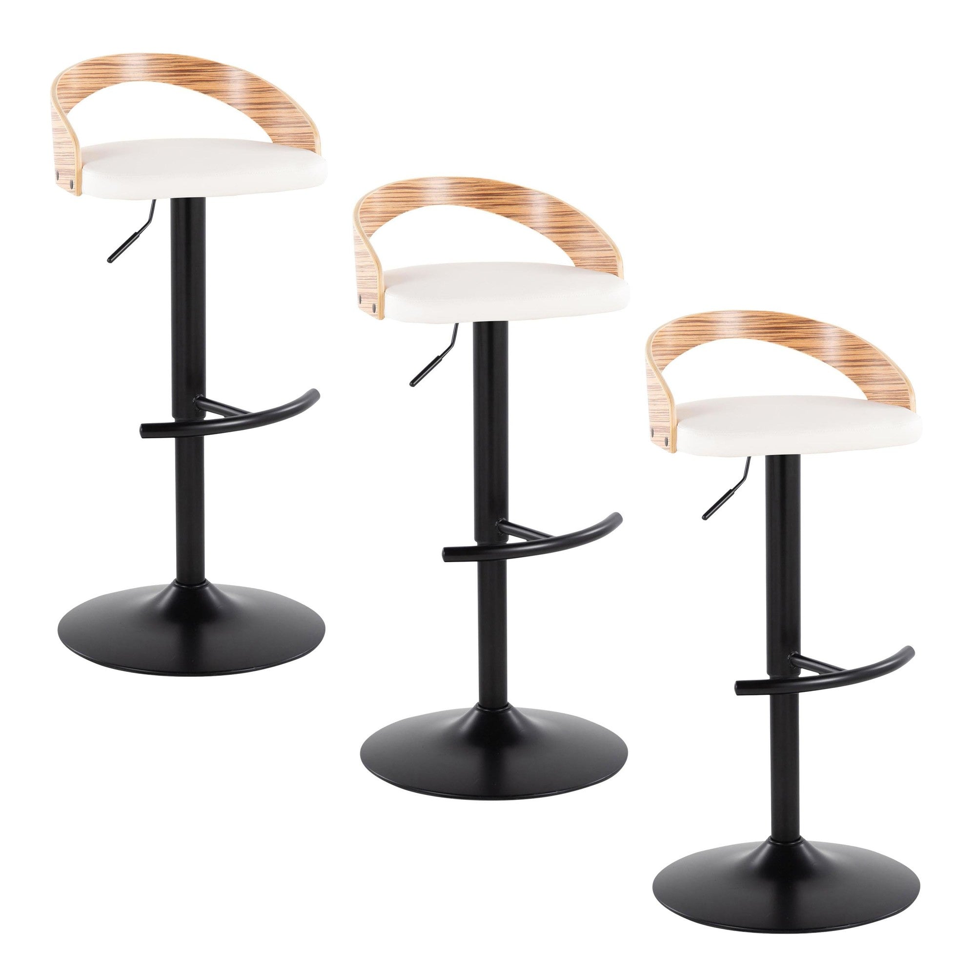 Grotto Adjustable Barstool - Set of 3 - Black Metal, Zebra Wood, White PU