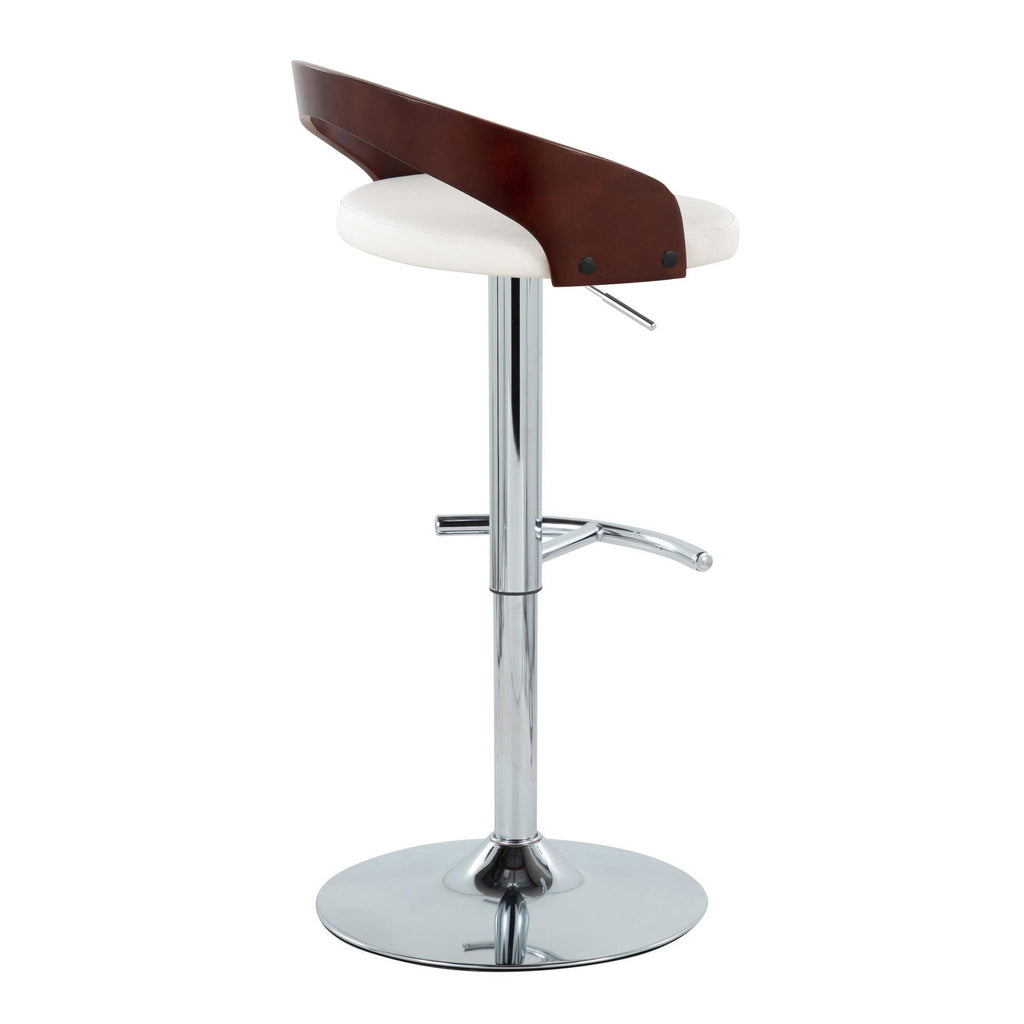 Grotto Adjustable Barstool - Set of 3 - Chrome Metal, Mahogany Wood, White PU