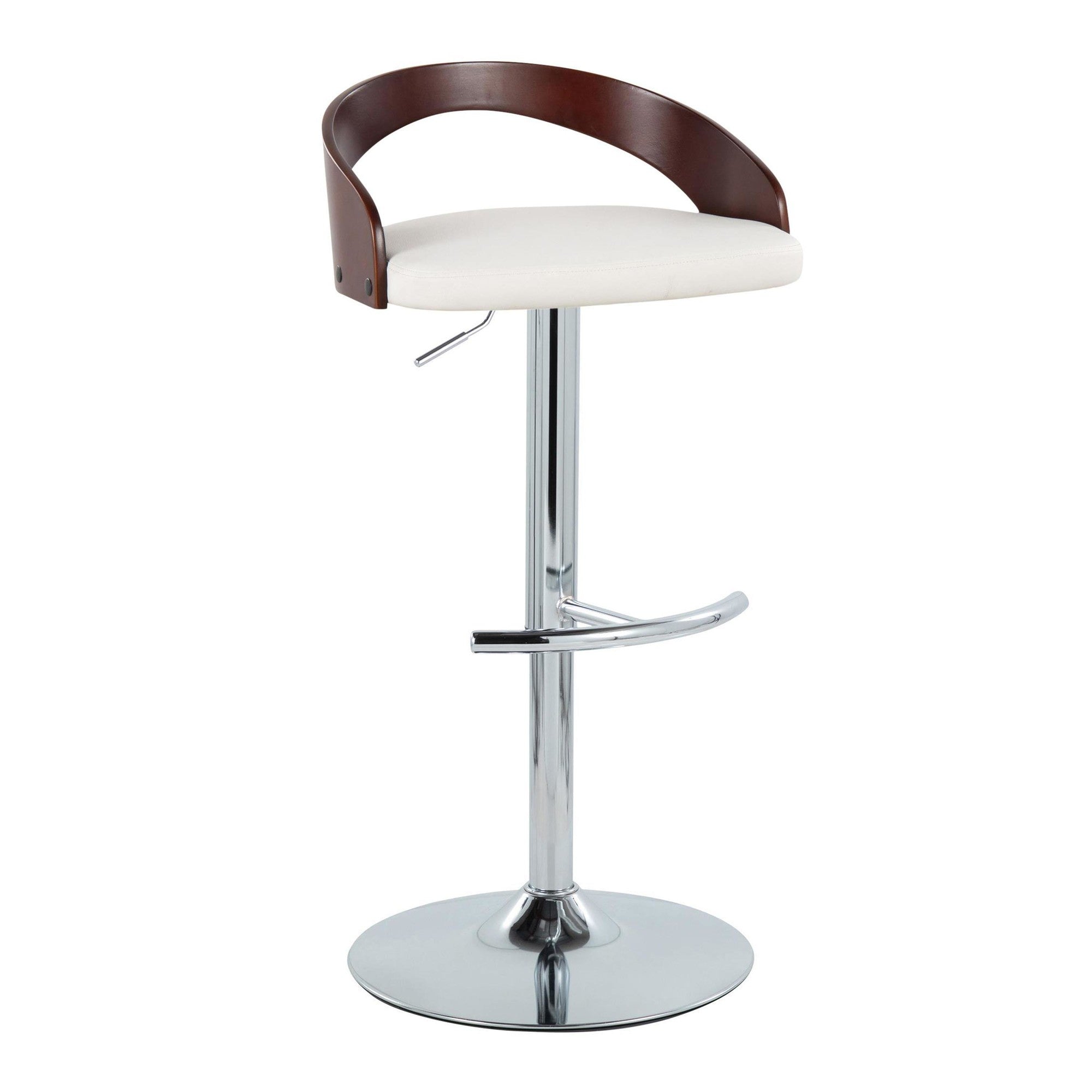 Grotto Adjustable Barstool - Set of 3 - Chrome Metal, Mahogany Wood, White PU