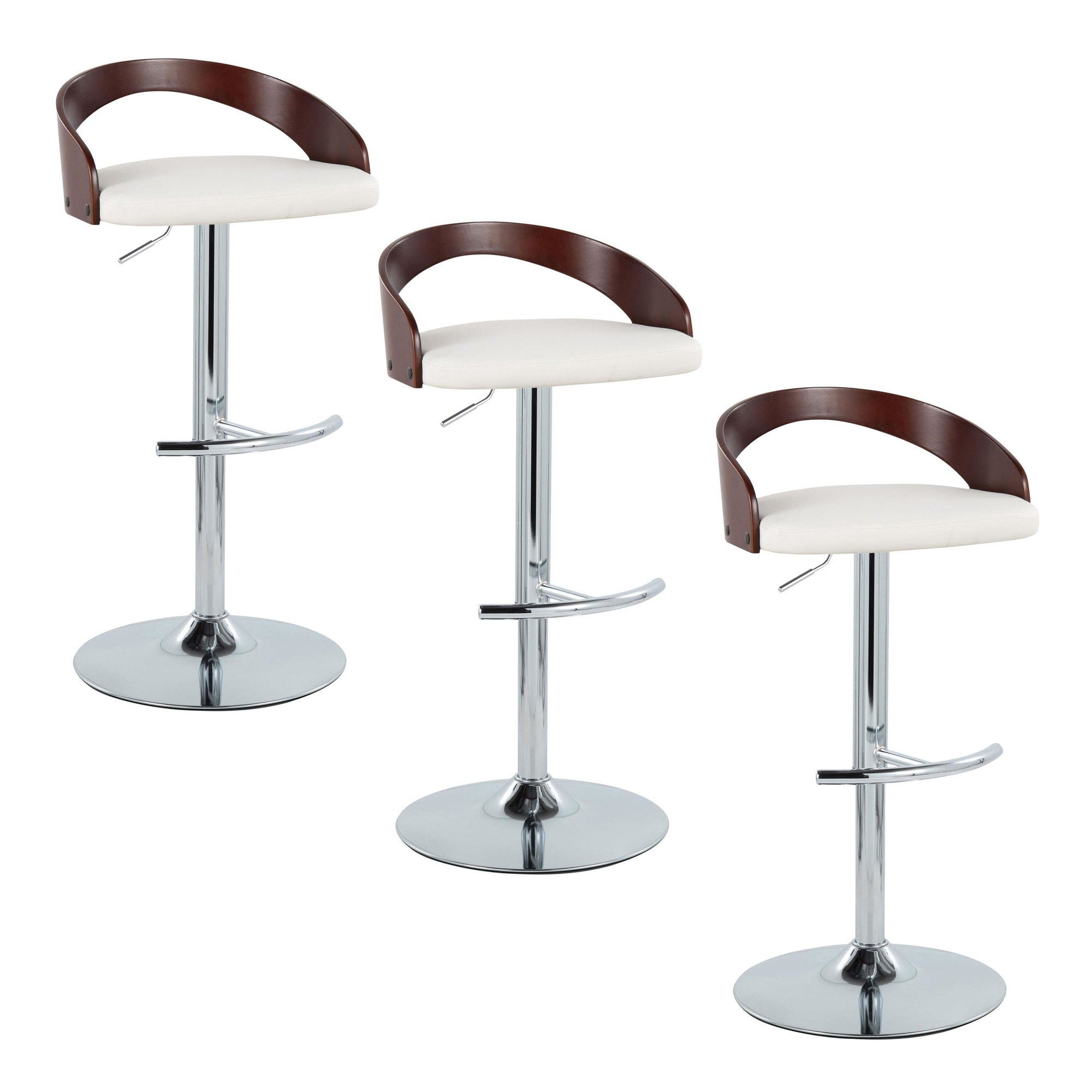 Grotto Adjustable Barstool - Set of 3 - Chrome Metal, Mahogany Wood, White PU