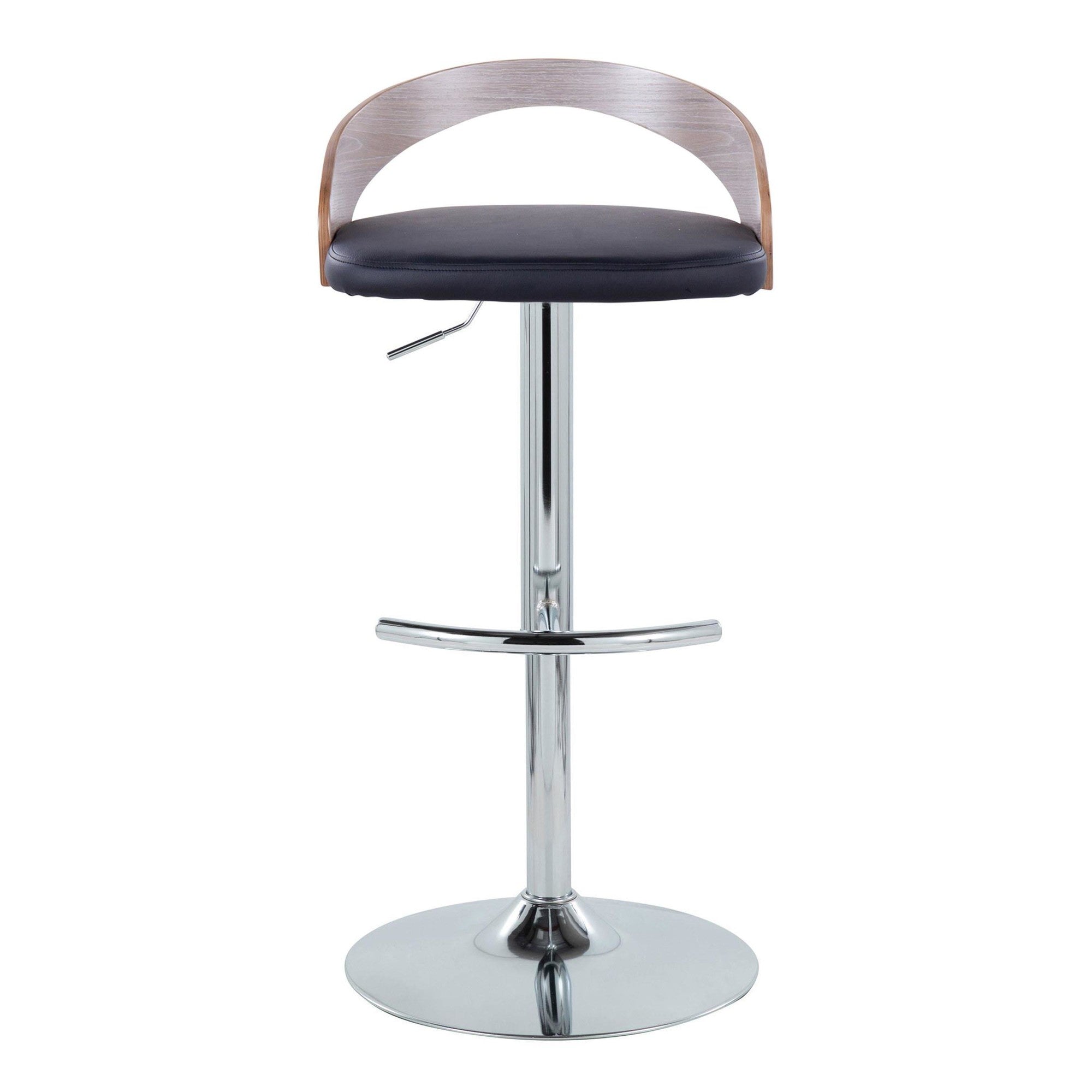 Grotto Adjustable Barstool - Set of 3 - Chrome Metal, Light Grey Wood, Black PU