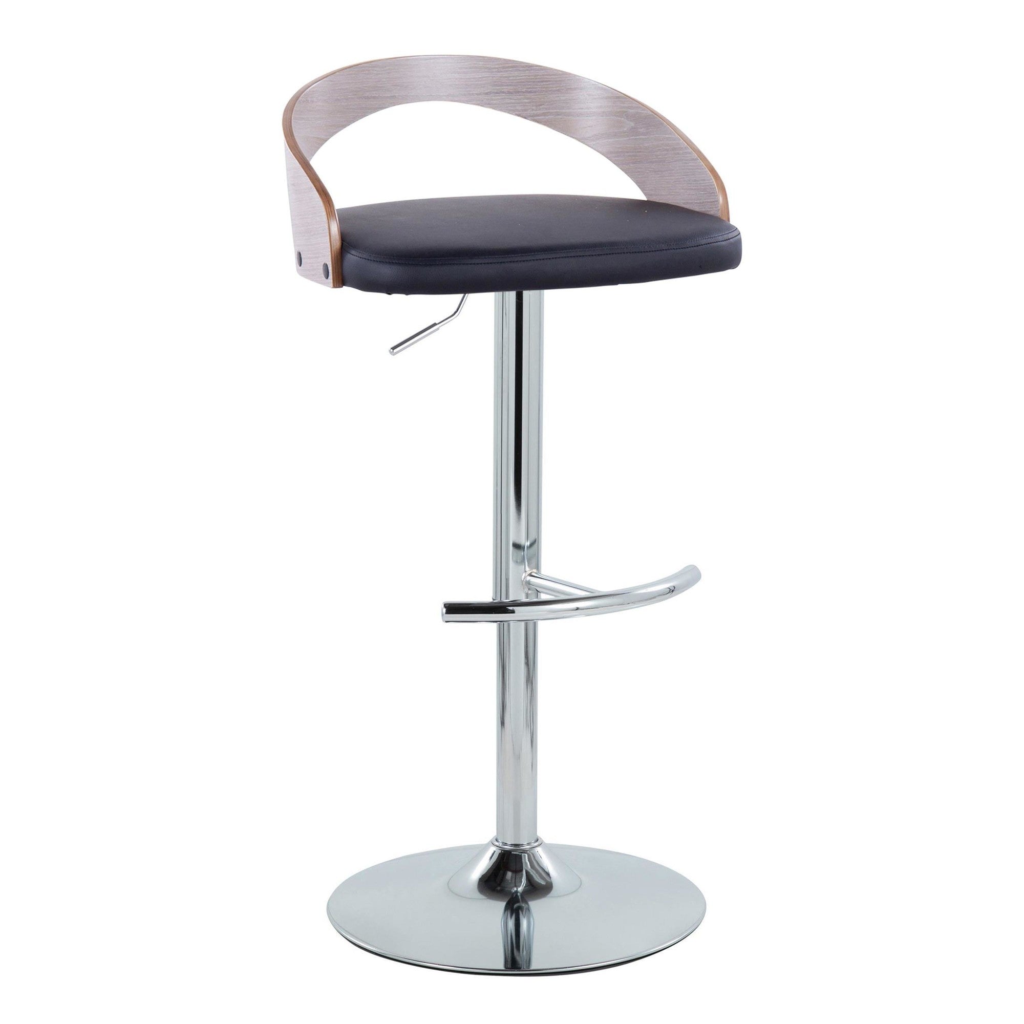 Grotto Adjustable Barstool - Set of 3 - Chrome Metal, Light Grey Wood, Black PU