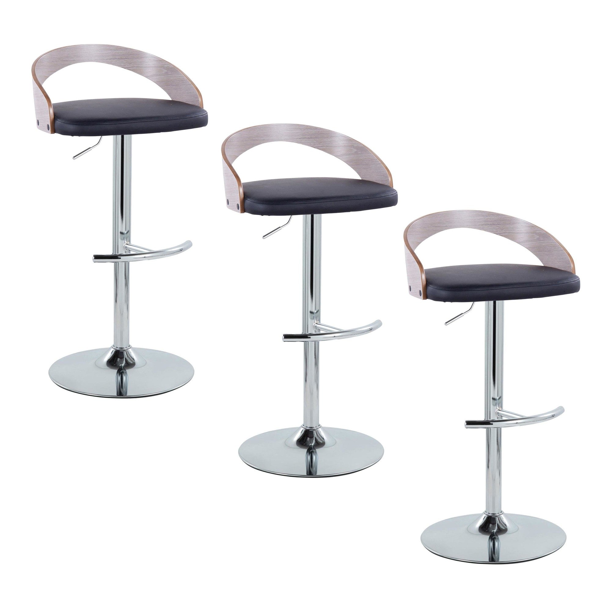 Grotto Adjustable Barstool - Set of 3 - Chrome Metal, Light Grey Wood, Black PU