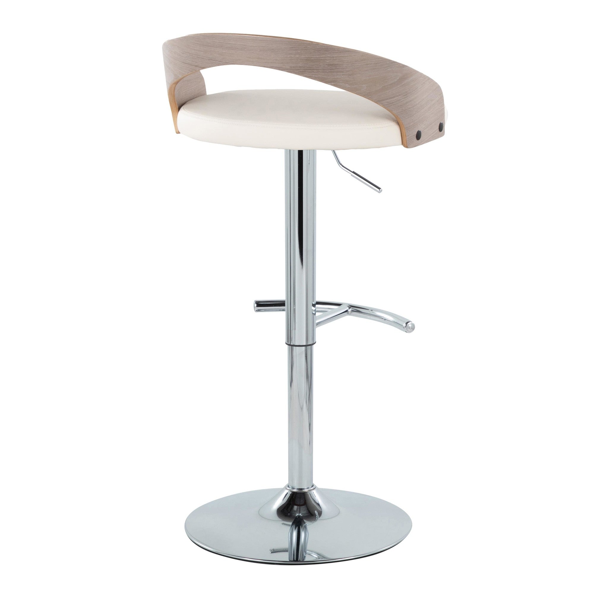 Grotto Adjustable Barstool - Set of 3 - Chrome Metal, Light Grey Wood, White PU