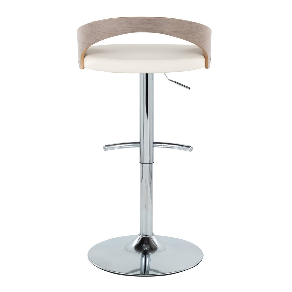 Grotto Adjustable Barstool - Set of 3 - Chrome Metal, Light Grey Wood, White PU