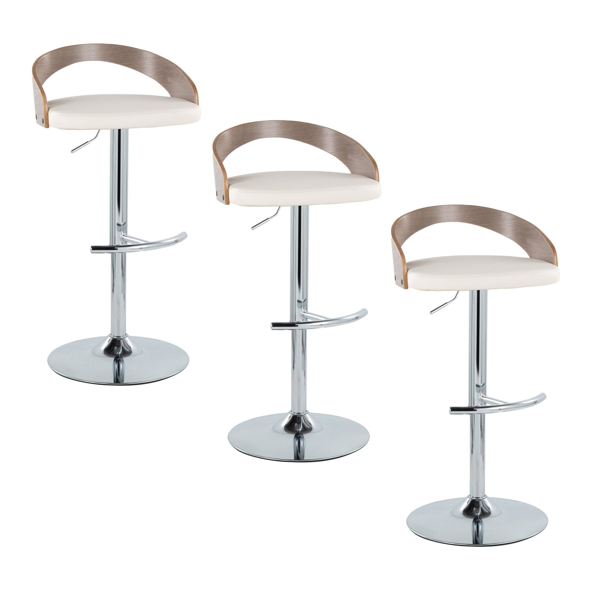 Grotto Adjustable Barstool - Set of 3 - Chrome Metal, Light Grey Wood, White PU