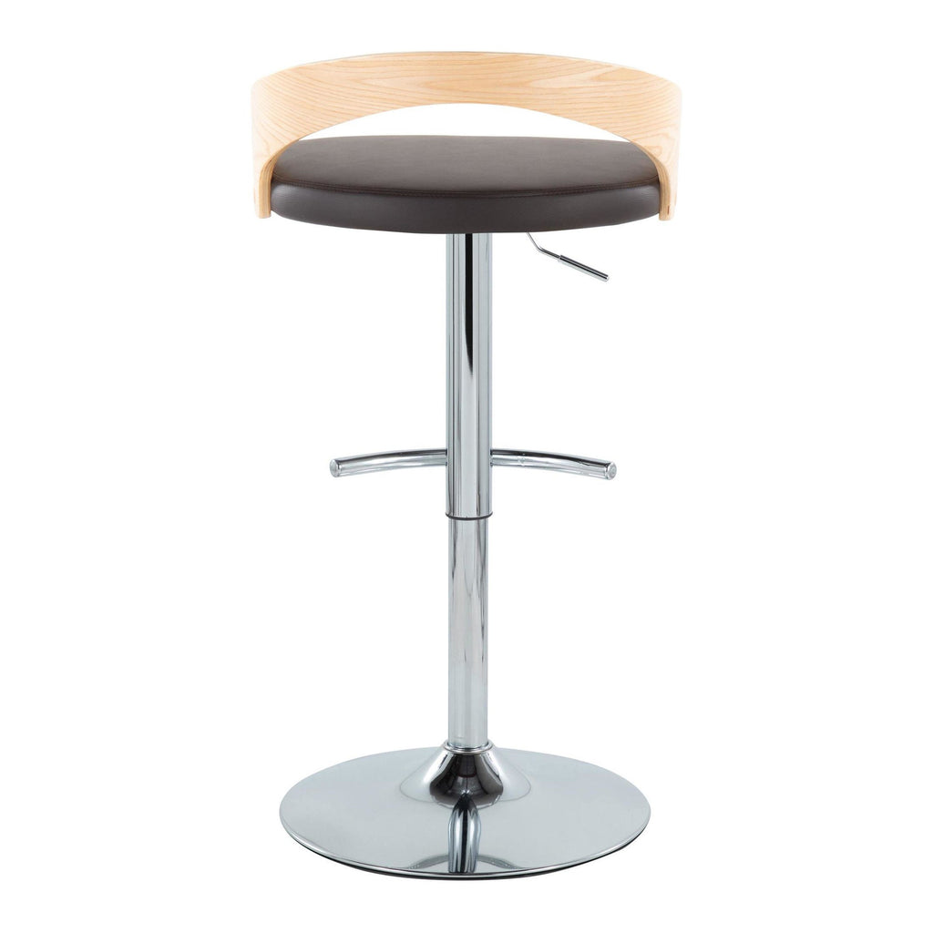 Grotto Adjustable Barstool - Set of 3 - Chrome Metal, Natural Wood, Brown PU