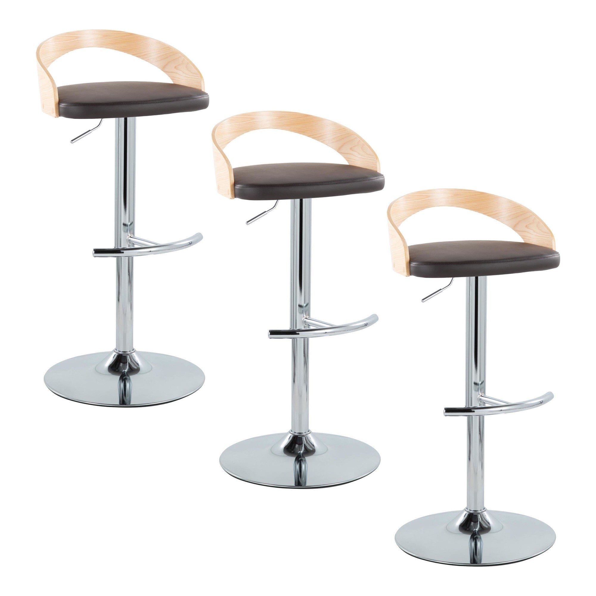 Grotto Adjustable Barstool - Set of 3 - Chrome Metal, Natural Wood, Brown PU