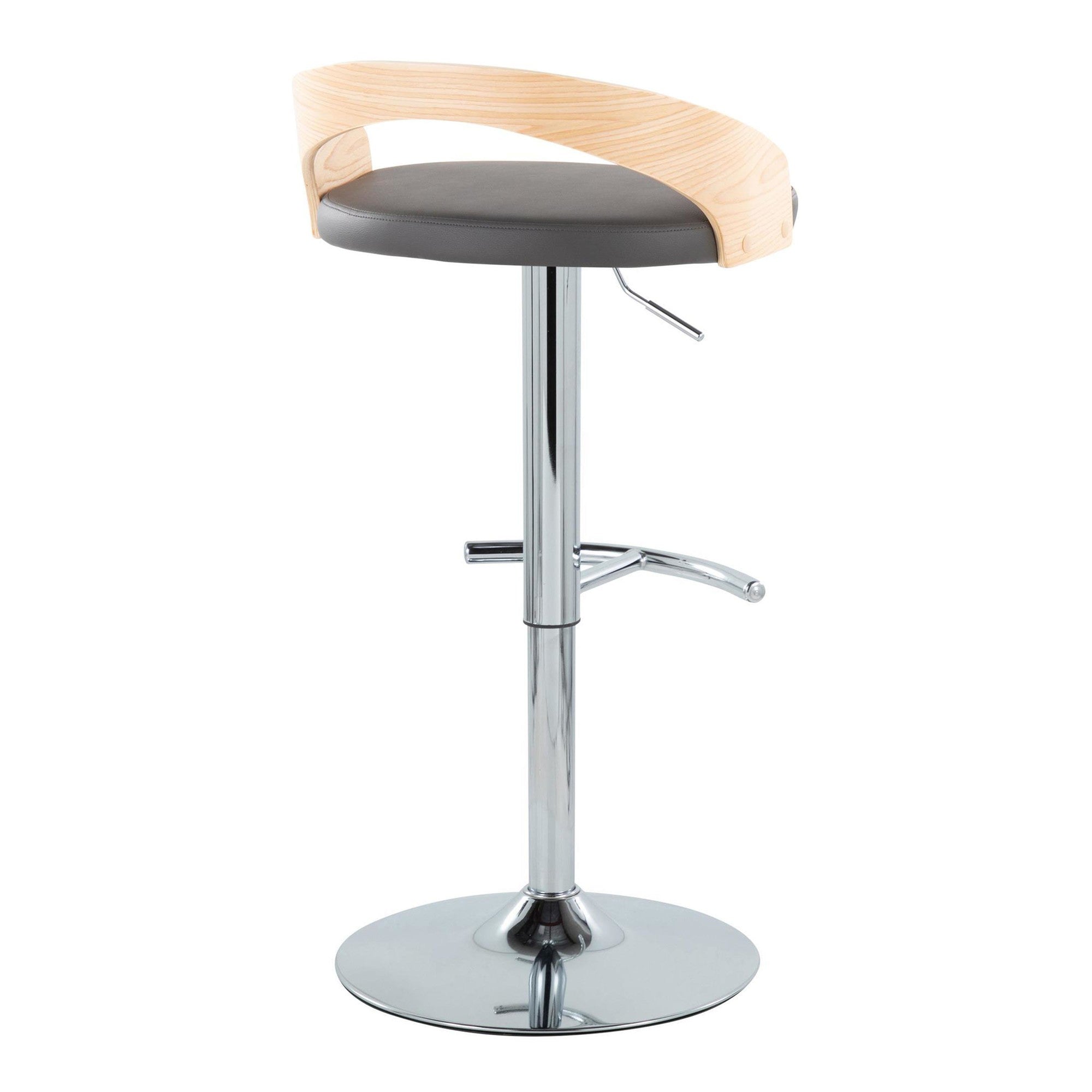 Grotto Adjustable Barstool - Set of 3 - Chrome Metal, Natural Wood, Grey PU