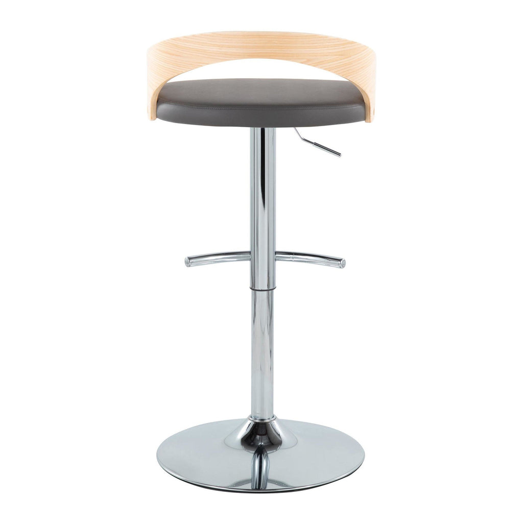 Grotto Adjustable Barstool - Set of 3 - Chrome Metal, Natural Wood, Grey PU