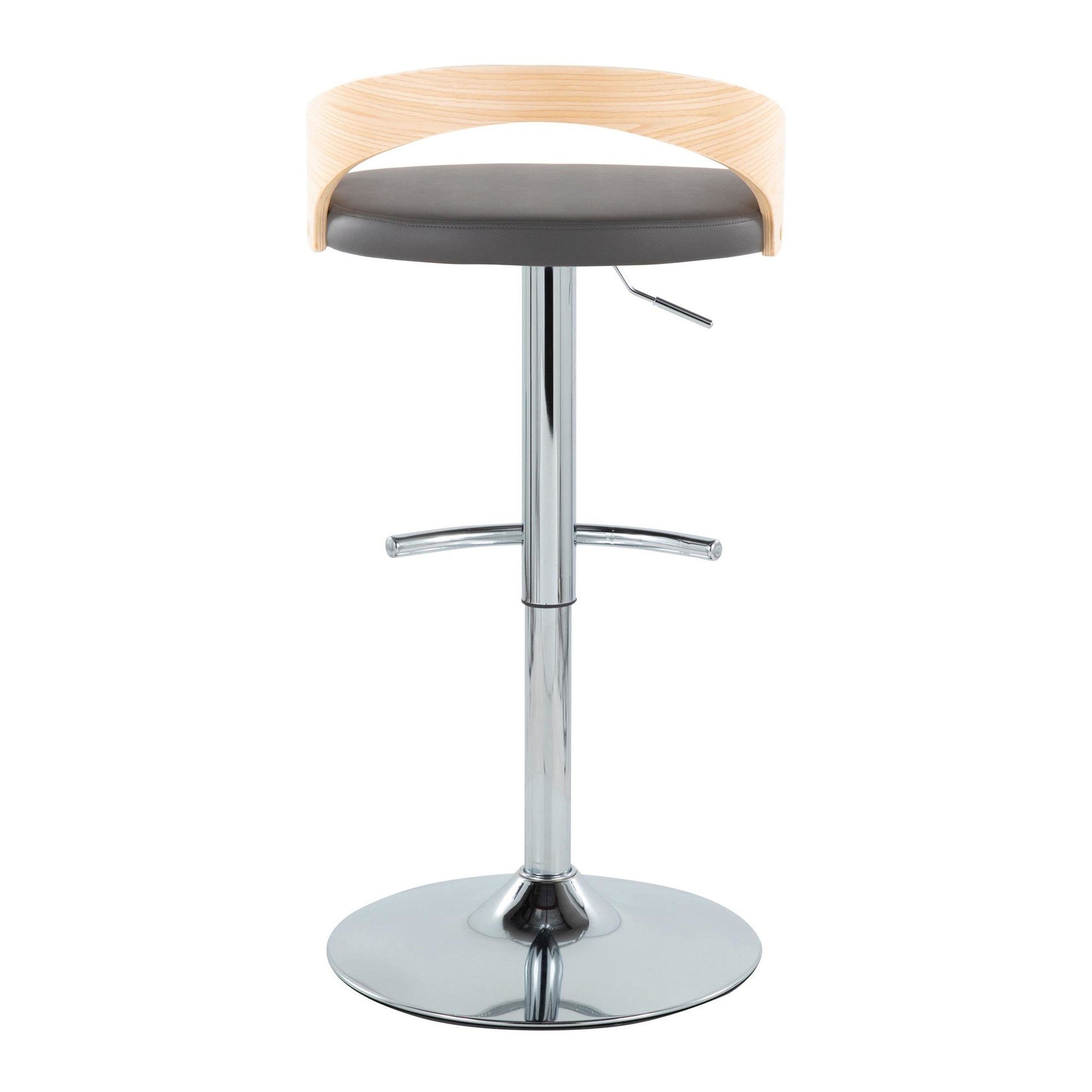 Grotto Adjustable Barstool - Set of 3 - Chrome Metal, Natural Wood, Grey PU