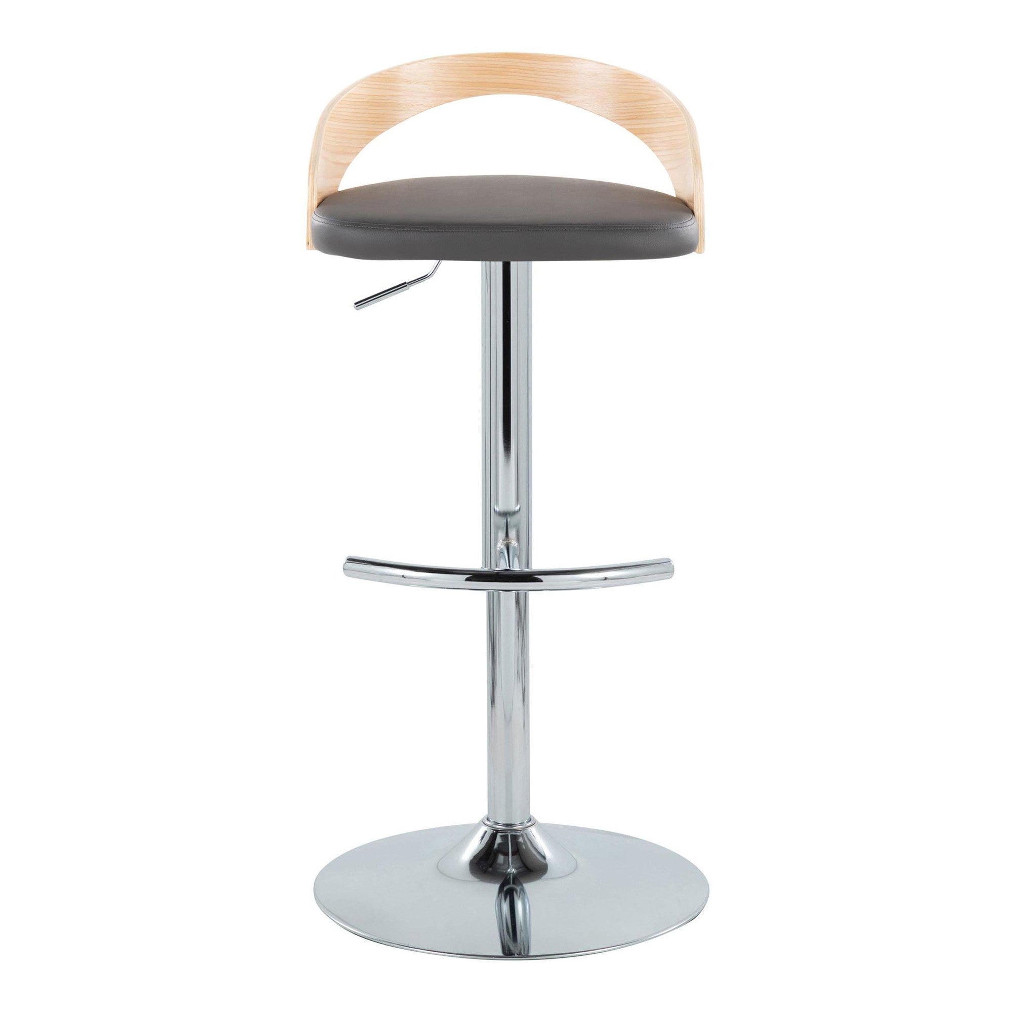 Grotto Adjustable Barstool - Set of 3 - Chrome Metal, Natural Wood, Grey PU