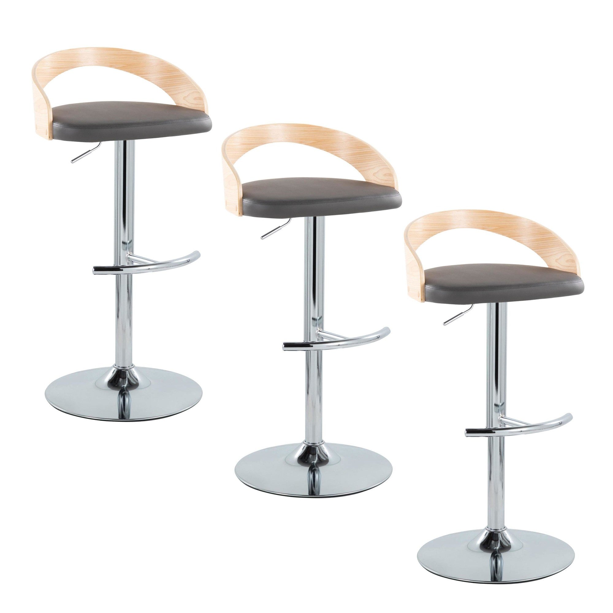 Grotto Adjustable Barstool - Set of 3 - Chrome Metal, Natural Wood, Grey PU
