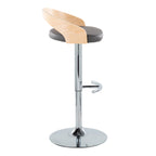 Grotto Adjustable Barstool - Set of 3 - Chrome Metal, Natural Wood, Grey PU
