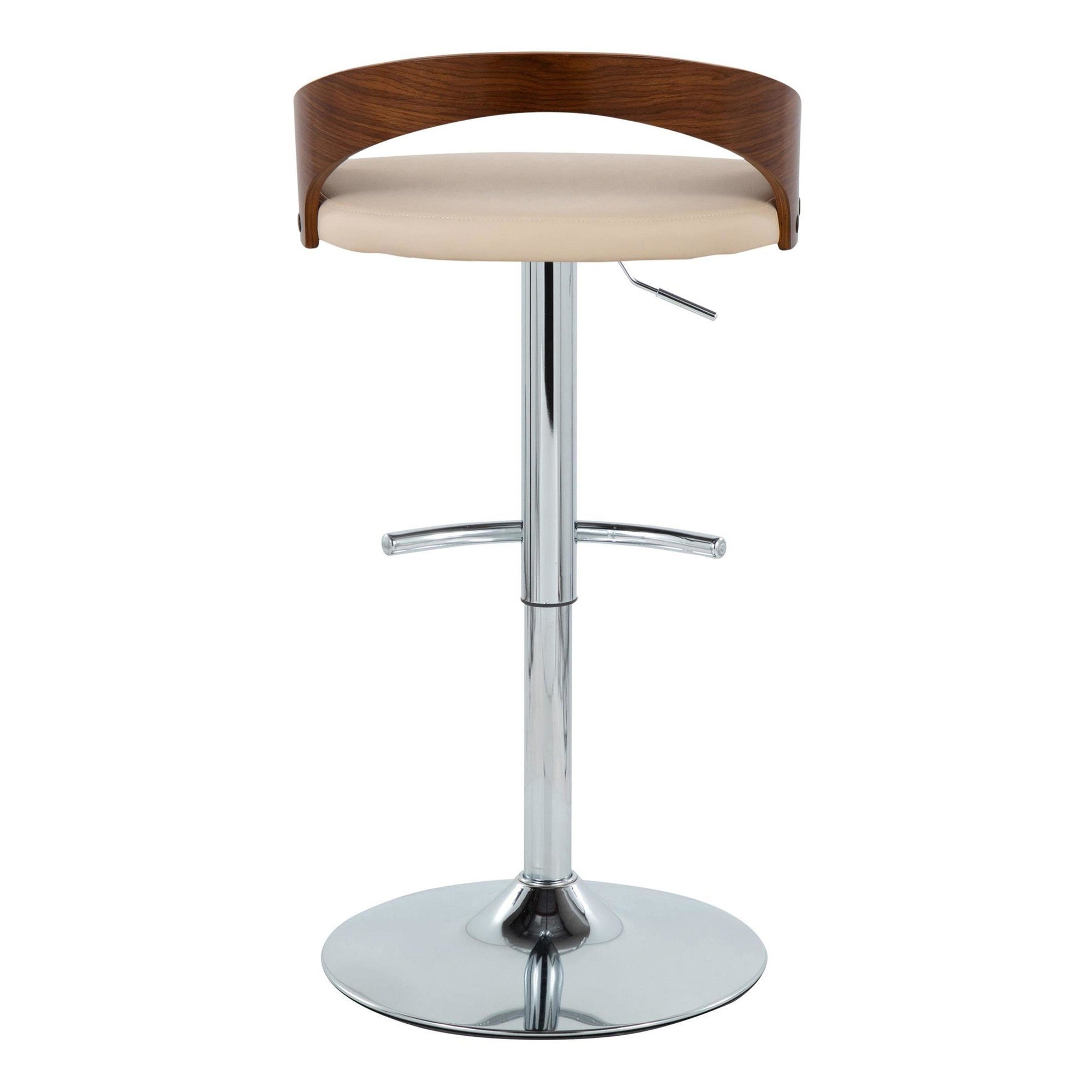 Grotto Adjustable Barstool - Set of 3 - Chrome Metal, Walnut Wood, Cream PU