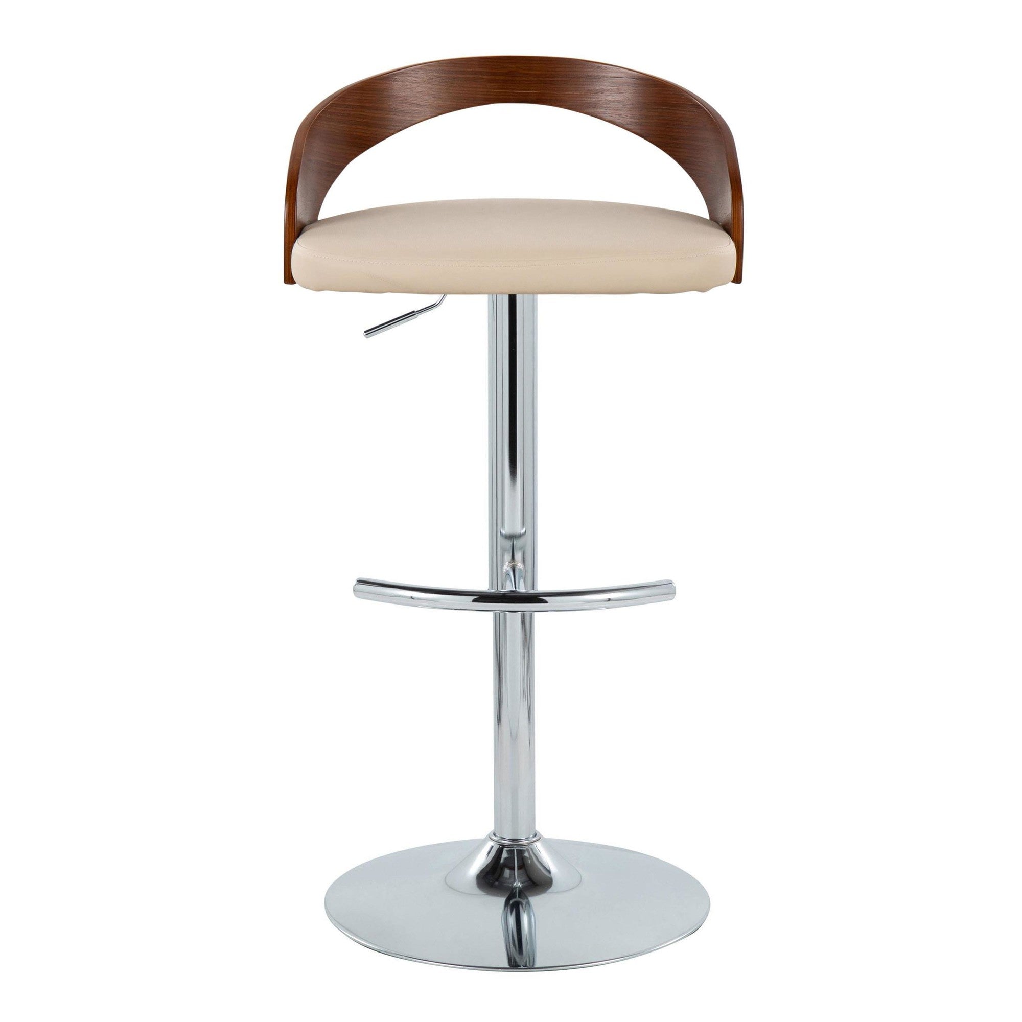 Grotto Adjustable Barstool - Set of 3 - Chrome Metal, Walnut Wood, Cream PU