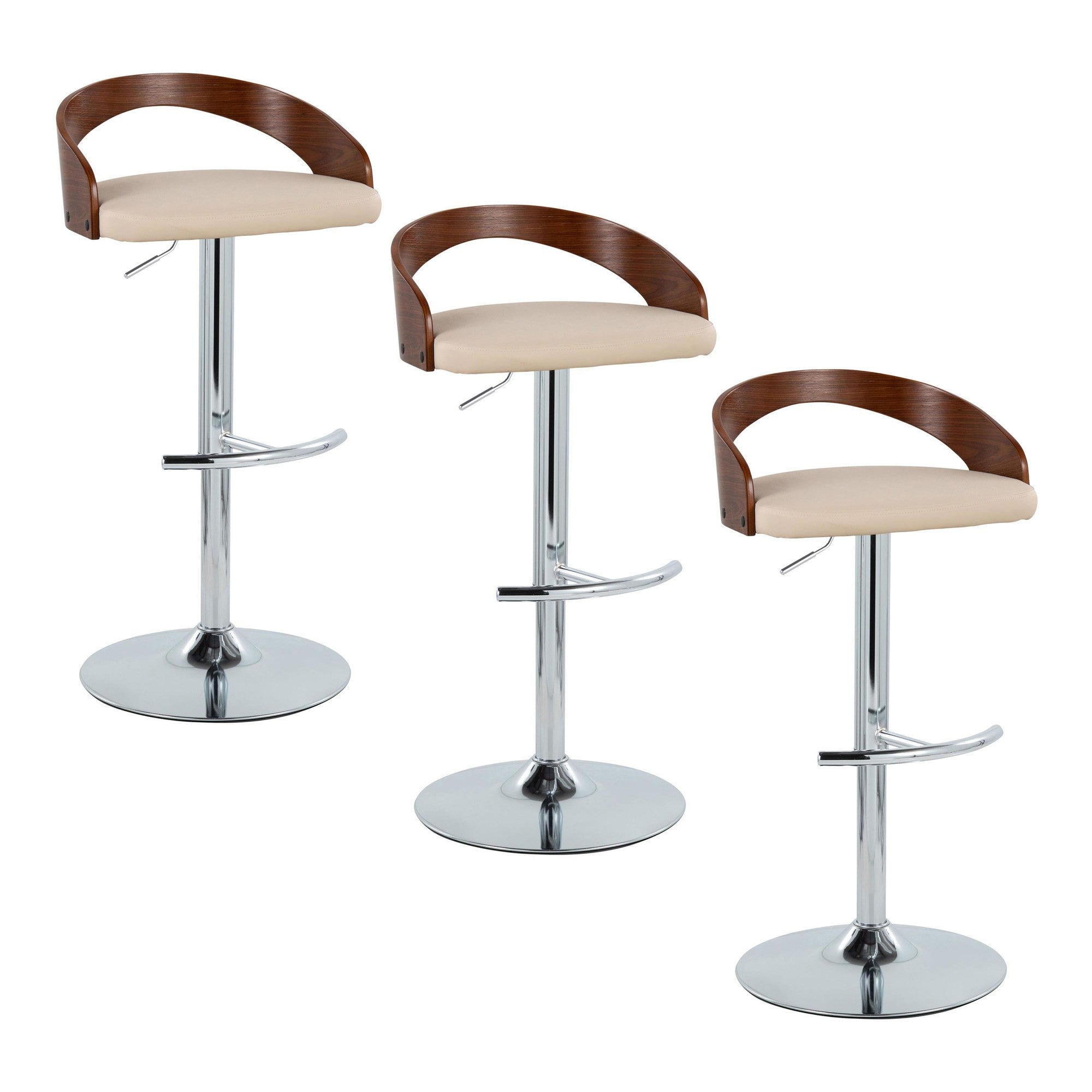 Grotto Adjustable Barstool - Set of 3 - Chrome Metal, Walnut Wood, Cream PU