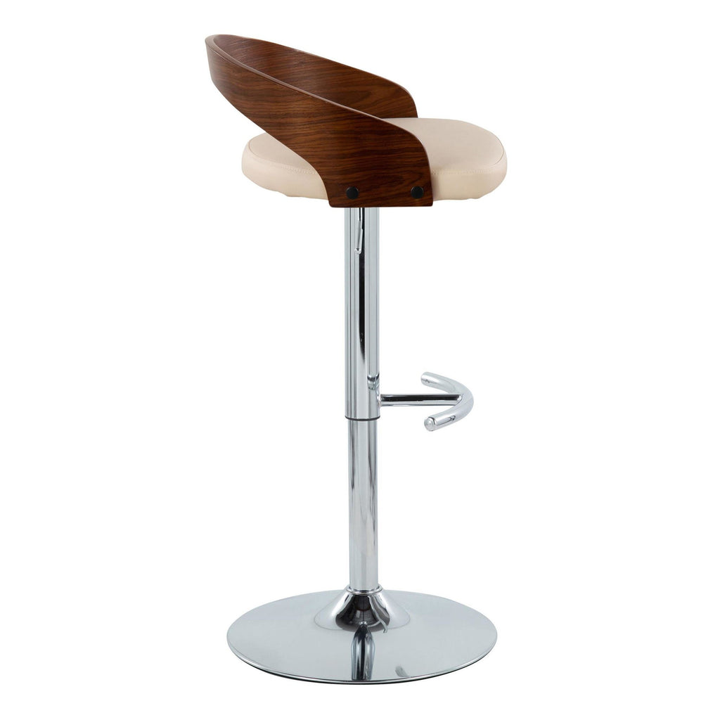 Grotto Adjustable Barstool - Set of 3 - Chrome Metal, Walnut Wood, Cream PU