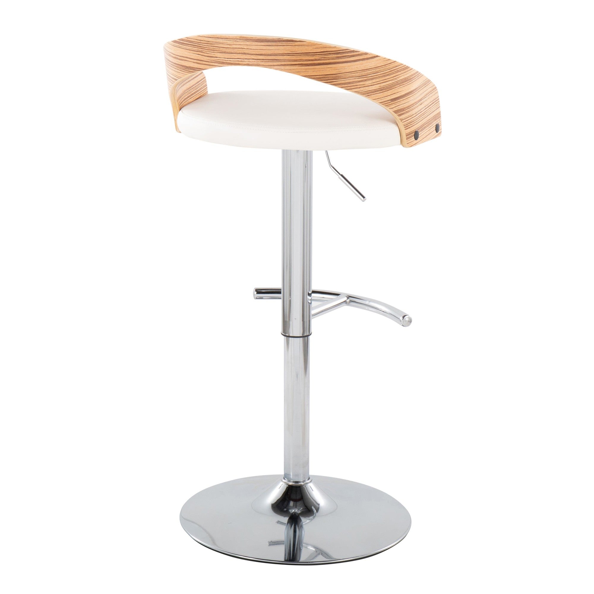 Grotto Adjustable Barstool - Set of 3 - Chrome Metal, Zebra Wood, White PU